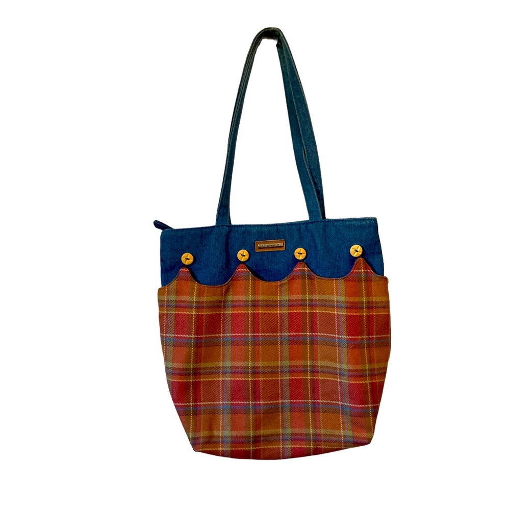 Longaberger Purse Tote Shoulder Bag Blue Jean Top Zip Plaid Cover Cottagecore